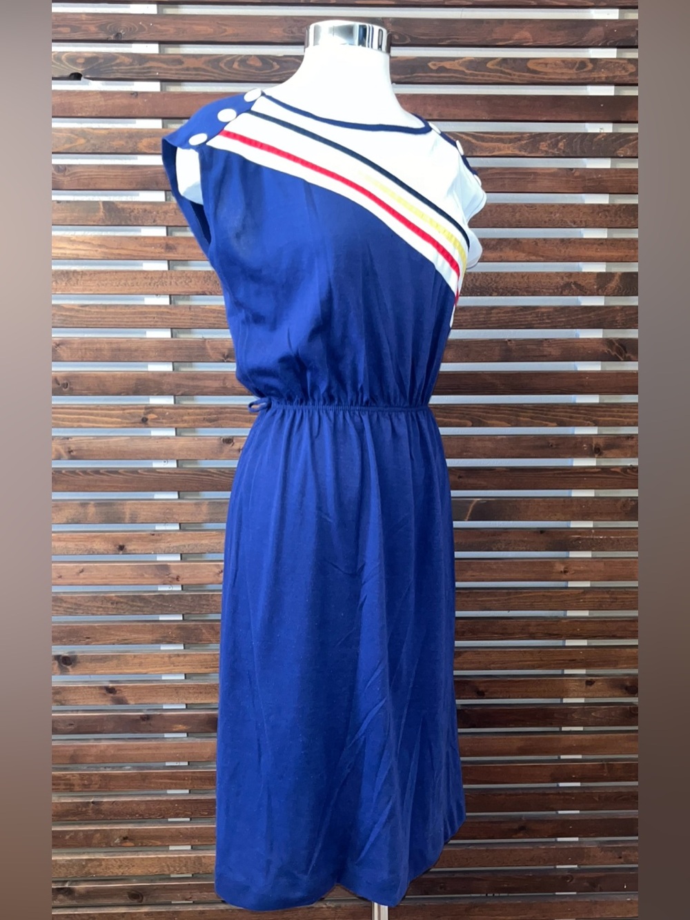 1970s 1980s Vintage Red White Blue Black Yellow Striped Dress w/ Buttons - Picture 8 of 8